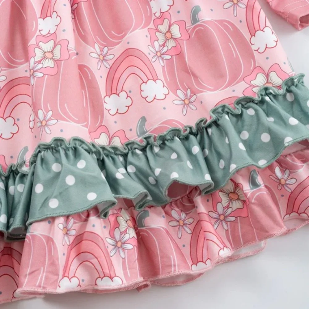 Pumpkin Rainbow Girls Long Sleeve Pink Ruffle Dress